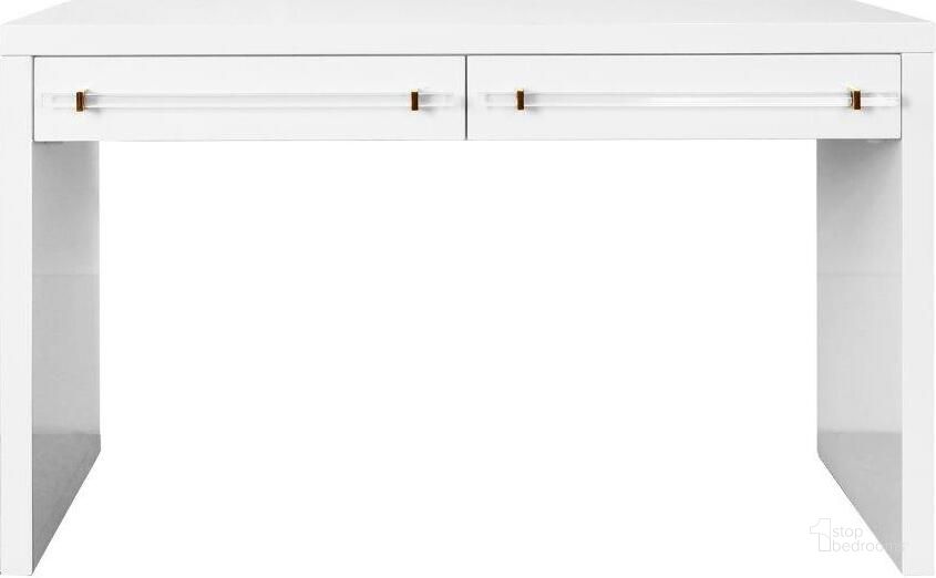 The appearance of Waterfall Two Drawer Desk With Brass And Acrylic Hardware In White Lacquer designed by Worlds Away in the modern / contemporary interior design. This glossy white piece of furniture  was selected by 1StopBedrooms from  to add a touch of cosiness and style into your home. Sku: RALPH WH. Product Type: Desk. Material: MDF. Image1