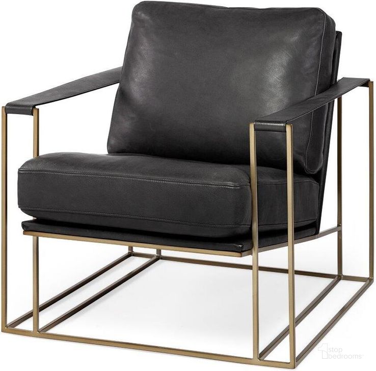 The appearance of Watson Black Leather Wrap Gold Metal Frame Accent Chair designed by Mercana in the modern / contemporary interior design. This black and gold piece of furniture  was selected by 1StopBedrooms from Watson Collection to add a touch of cosiness and style into your home. Sku: 69134. Material: Metal. Product Type: Accent Chair. Image1