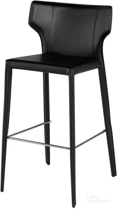 The appearance of Wayne Black Bar Stool designed by Nuevo in the modern / contemporary interior design. This black piece of furniture  was selected by 1StopBedrooms from Wayne Collection to add a touch of cosiness and style into your home. Sku: HGND150. Material: Leather. Product Type: Barstool. Image1