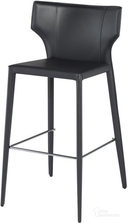 The appearance of Wayne Dark Grey Bar Stool designed by Nuevo in the modern / contemporary interior design. This gray piece of furniture  was selected by 1StopBedrooms from Wayne Collection to add a touch of cosiness and style into your home. Sku: HGND152. Material: Leather. Product Type: Barstool. Image1