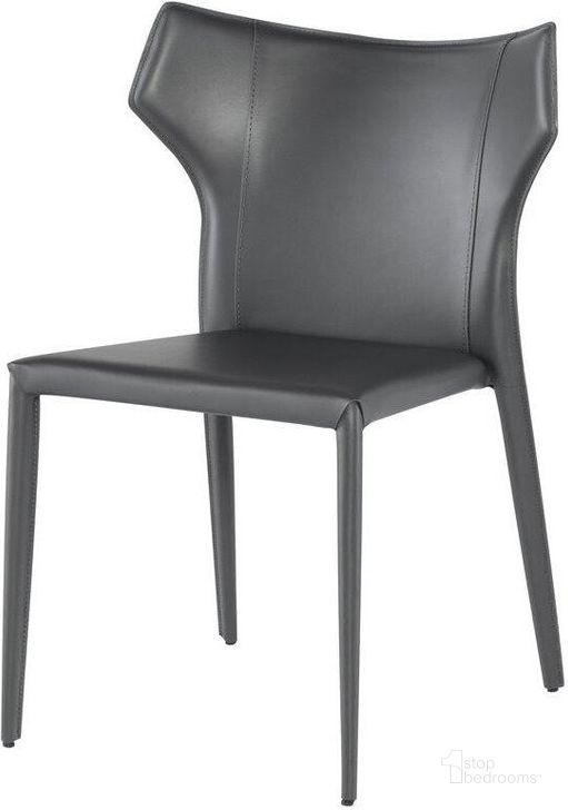 The appearance of Wayne Dark Grey Leather Dining Chair designed by Nuevo in the modern / contemporary interior design. This gray piece of furniture  was selected by 1StopBedrooms from Wayne Collection to add a touch of cosiness and style into your home. Sku: HGND132. Material: Leather. Product Type: Dining Chair. Image1