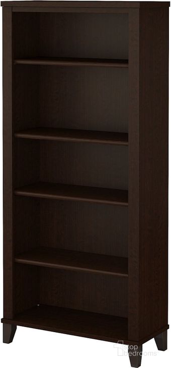 The appearance of Somerset Mocha Cherry Bookcase designed by Bush Furniture in the transitional interior design. This mocha cherry piece of furniture  was selected by 1StopBedrooms from Somerset Collection to add a touch of cosiness and style into your home. Sku: WC81865. Material: Wood. Product Type: Standard Bookcase. Image1