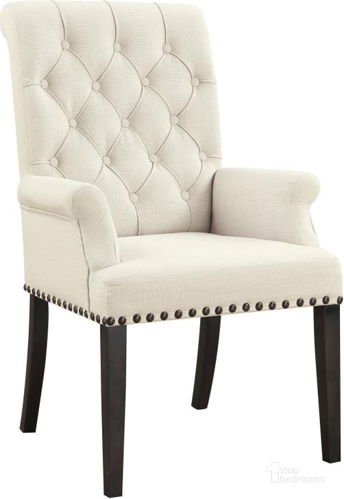 The appearance of Weber Cream Upholstered Arm Chair designed by Coaster in the transitional interior design. This cream piece of furniture  was selected by 1StopBedrooms from Weber Collection to add a touch of cosiness and style into your home. Sku: 107283. Material: Fabric. Product Type: Arm Chair. Image1