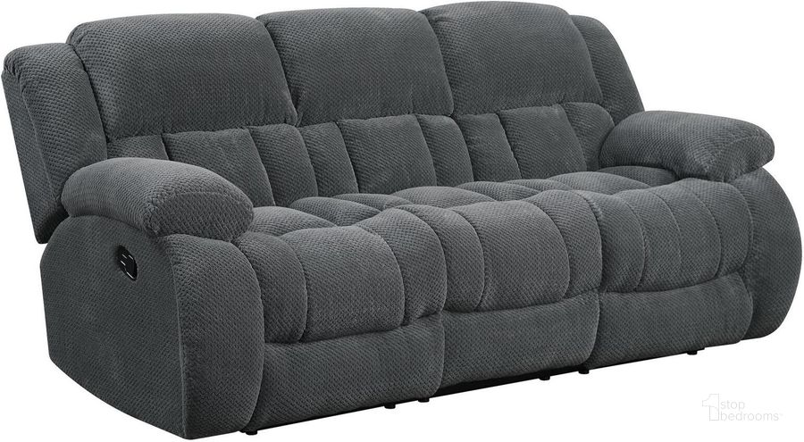 The appearance of Weissman Charcoal Reclining Sofa designed by Coaster in the transitional interior design. This gray piece of furniture  was selected by 1StopBedrooms from Weissman Collection to add a touch of cosiness and style into your home. Sku: 601921. Product Type: Reclining Sofa. Material: Chenille. Image1