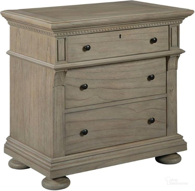 The appearance of Wellington Estates Bedroom Three Drawer Night Stand designed by Hekman in the rustic / southwestern interior design. This gray piece of furniture  was selected by 1StopBedrooms from Wellington Collection to add a touch of cosiness and style into your home. Sku: 25263. Product Type: Nightstand. Image1