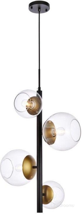 The appearance of Wells 18 Inch Pendant In Black And Brass With Clear Shade designed by Elegant Lighting in the transitional interior design. This clear glass piece of furniture  was selected by 1StopBedrooms from Wells Collection to add a touch of cosiness and style into your home. Sku: LD654D18BRK. Product Type: Pendant Lighting. Material: Iron. Image1