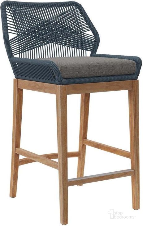 The appearance of Wellspring Outdoor Patio Teak Wood Barstool In Blue Graphite designed by Modway in the transitional interior design. This blue piece of furniture  was selected by 1StopBedrooms from Wellspring Collection to add a touch of cosiness and style into your home. Sku: EEI-5746-BLU-GPH. Material: Wood. Product Type: Outdoor Bar Furniture. Image1