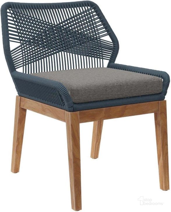 The appearance of Wellspring Outdoor Patio Teak Wood Dining Chair In Blue Graphite designed by Modway in the transitional interior design. This blue piece of furniture  was selected by 1StopBedrooms from Wellspring Collection to add a touch of cosiness and style into your home. Sku: EEI-5747-BLU-GPH. Material: Wood. Product Type: Outdoor Dining Chair. Image1
