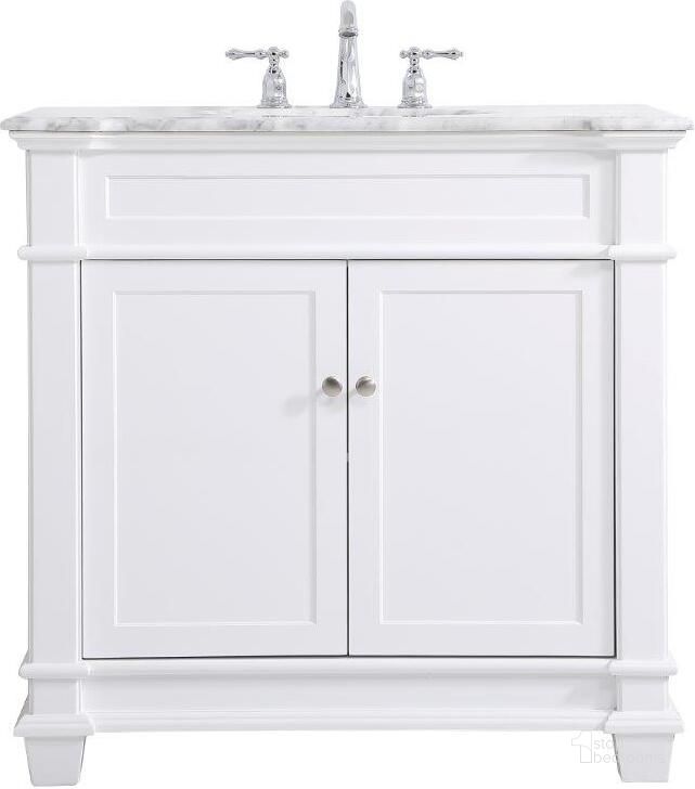 The appearance of Wesley 36 Inch Single Bathroom Vanity Set In White designed by Elegant Lighting in the transitional interior design. This white piece of furniture  was selected by 1StopBedrooms from Wesley Collection to add a touch of cosiness and style into your home. Sku: VF50036WH. Material: Wood. Product Type: Bathroom Vanity. Image1