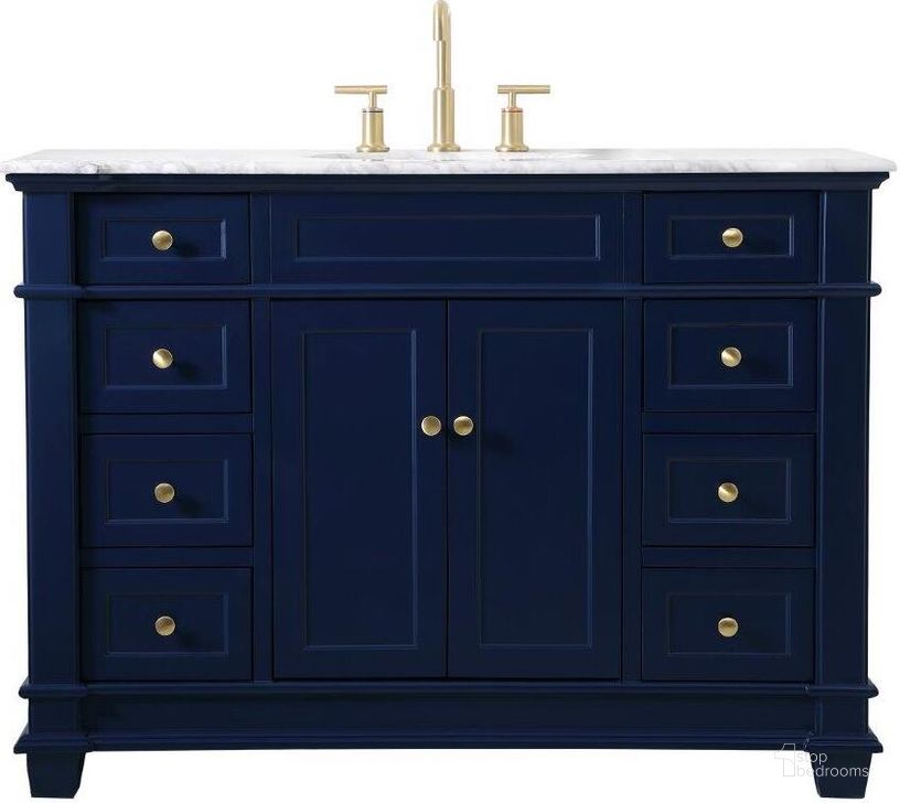 The appearance of Wesley 48 Inch Single Bathroom Vanity Set In Blue designed by Elegant Lighting in the transitional interior design. This blue piece of furniture  was selected by 1StopBedrooms from Wesley Collection to add a touch of cosiness and style into your home. Sku: VF50048BL. Material: Wood. Product Type: Bathroom Vanity. Image1