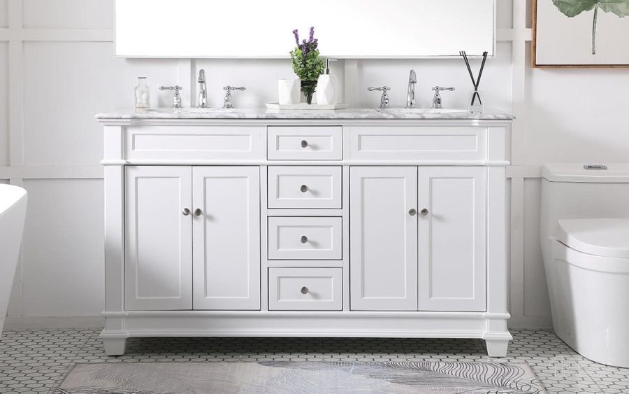 The appearance of Wesley 60 Inch Double Bathroom Vanity Set In White designed by Elegant Lighting in the transitional interior design. This white piece of furniture  was selected by 1StopBedrooms from Wesley Collection to add a touch of cosiness and style into your home. Sku: VF50060DWH. Material: Wood. Product Type: Bathroom Vanity. Image1
