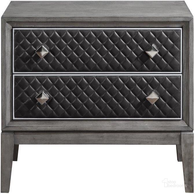 The appearance of West End Gray Nightstand designed by Homelegance in the transitional interior design. This gray piece of furniture  was selected by 1StopBedrooms from West End Collection to add a touch of cosiness and style into your home. Sku: 1566GY-4. Material: Faux Leather. Product Type: Nightstand. Image1