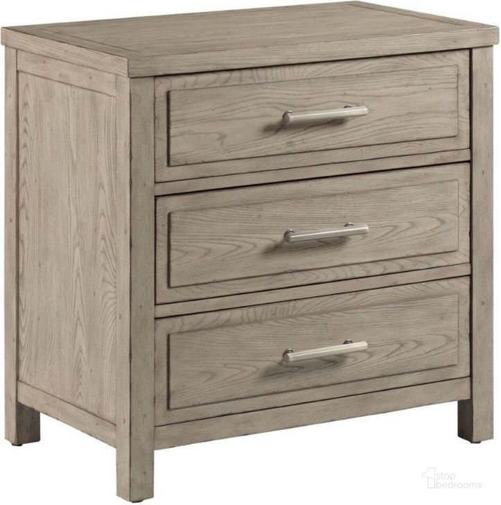 The appearance of West Fork Aged Taupe Baker Nightstand designed by American Drew in the transitional interior design. This beige piece of furniture  was selected by 1StopBedrooms from West Fork Collection to add a touch of cosiness and style into your home. Sku: 924-420. Material: Wood. Product Type: Nightstand.