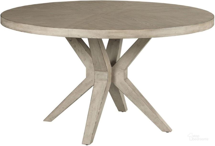 The appearance of West Fork Aged Taupe Hardy Round Dining Table designed by American Drew in the transitional interior design. This beige piece of furniture  was selected by 1StopBedrooms from West Fork Collection to add a touch of cosiness and style into your home. Sku: 924-701R. Table Base Style: Trestle. Table Top Shape: Round. Material: Wood. Product Type: Dining Table.