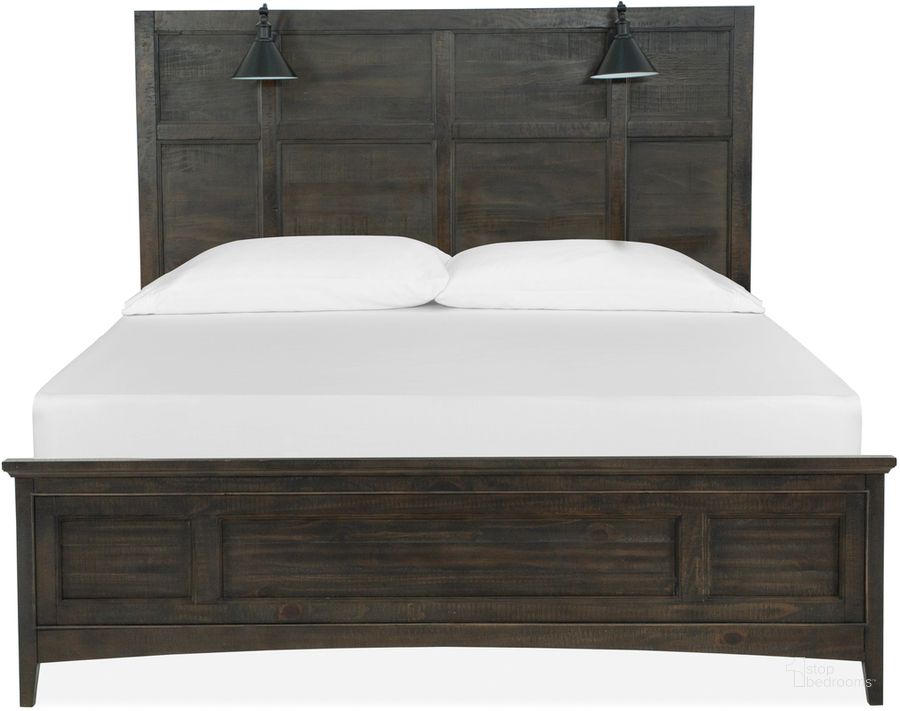 The appearance of Westley Falls Complete King Lamp Panel Bed With Regular Rails designed by Magnussen in the  interior design. This black piece of furniture  was selected by 1StopBedrooms from Westley Falls Collection to add a touch of cosiness and style into your home. Sku: B4399-54R;B4399-64F;B4399-69H. Bed Type: Panel Bed. Product Type: Panel Bed. Bed Size: King. Material: Pine. Image1