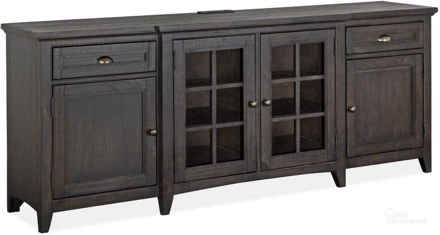 The appearance of Westley Falls Graphite Wood 80 Inch Console designed by Magnussen in the modern / contemporary interior design. This gray piece of furniture  was selected by 1StopBedrooms from Westley Falls Collection to add a touch of cosiness and style into your home. Sku: E4399-08. Product Type: Entertainment Console. Image1