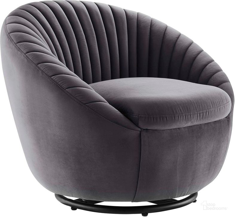 The appearance of Whirr Tufted Performance Velvet Performance Velvet Swivel Chair In Black Gray designed by Modway in the modern / contemporary interior design. This black gray piece of furniture  was selected by 1StopBedrooms from Whirr Collection to add a touch of cosiness and style into your home. Sku: EEI-5004-BLK-GRY. Material: Metal. Product Type: Accent Chair. Image1