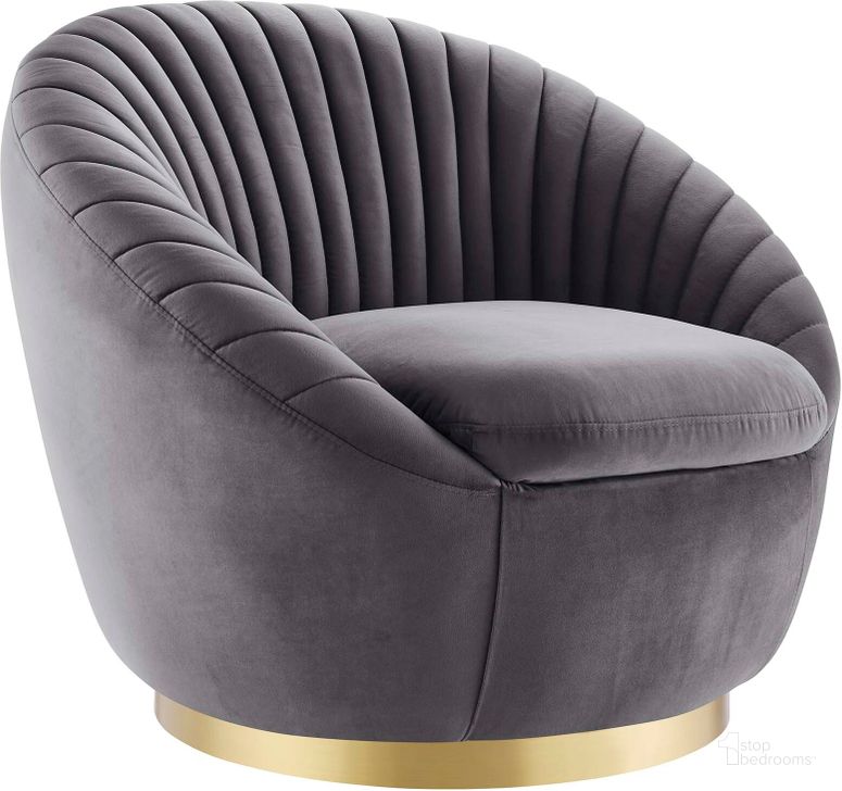 The appearance of Whirr Tufted Performance Velvet Performance Velvet Swivel Chair In Gold Gray designed by Modway in the modern / contemporary interior design. This gold gray piece of furniture  was selected by 1StopBedrooms from Whirr Collection to add a touch of cosiness and style into your home. Sku: EEI-5002-GLD-GRY. Material: Wood. Product Type: Accent Chair. Image1