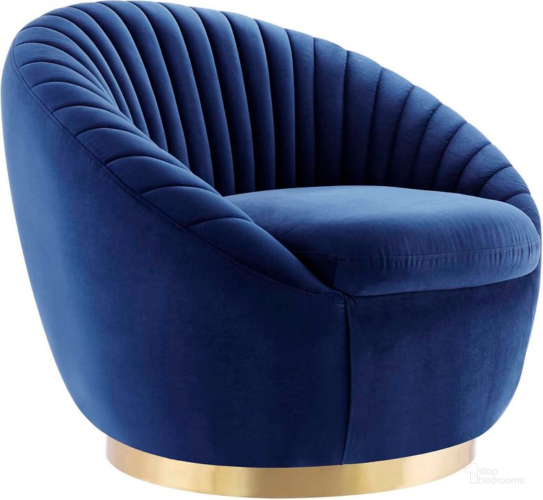 The appearance of Whirr Tufted Performance Velvet Performance Velvet Swivel Chair In Gold Navy designed by Modway in the modern / contemporary interior design. This gold navy piece of furniture  was selected by 1StopBedrooms from Whirr Collection to add a touch of cosiness and style into your home. Sku: EEI-5002-GLD-NAV. Material: Wood. Product Type: Accent Chair. Image1