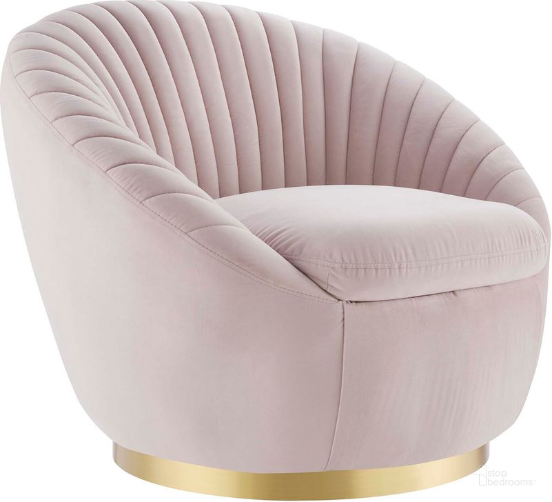 The appearance of Whirr Tufted Performance Velvet Performance Velvet Swivel Chair In Gold Pink designed by Modway in the modern / contemporary interior design. This gold pink piece of furniture  was selected by 1StopBedrooms from Whirr Collection to add a touch of cosiness and style into your home. Sku: EEI-5002-GLD-PNK. Material: Wood. Product Type: Accent Chair. Image1