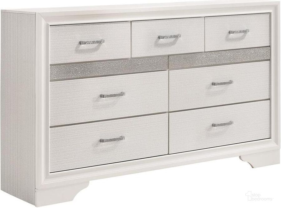 The appearance of Whispering Hills White Dresser designed by Luxury Loft in the modern / contemporary interior design. This white piece of furniture  was selected by 1StopBedrooms from Whispering Hills Collection to add a touch of cosiness and style into your home. Sku: 205113. Material: Wood. Product Type: Dresser. Image1