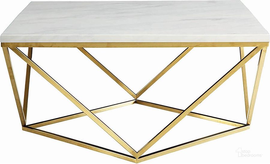 The appearance of White And Brass Coffee Table designed by Coaster in the modern / contemporary interior design. This white piece of furniture  was selected by 1StopBedrooms from White Collection to add a touch of cosiness and style into your home. Sku: 700846. Table Top Shape: Square. Material: Metal. Product Type: Coffee Table. Image1