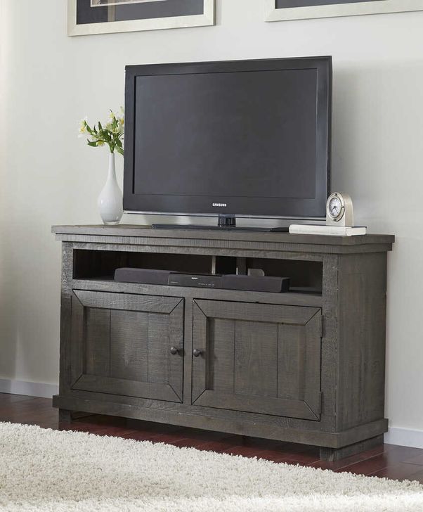 The appearance of Willow Distressed Dark Gray 54 Inch Console designed by Progressive Furniture in the transitional interior design. This gray piece of furniture  was selected by 1StopBedrooms from Willow Collection to add a touch of cosiness and style into your home. Sku: P600E-54. Material: Wood. Product Type: TV Stands and TV Console. Image1