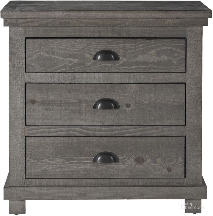 The appearance of Willow Distressed Dark Gray Nightstand designed by Progressive Furniture in the transitional interior design. This dark gray piece of furniture  was selected by 1StopBedrooms from Willow Collection to add a touch of cosiness and style into your home. Sku: P600-43. Product Type: Nightstand. Material: Pine. Image1