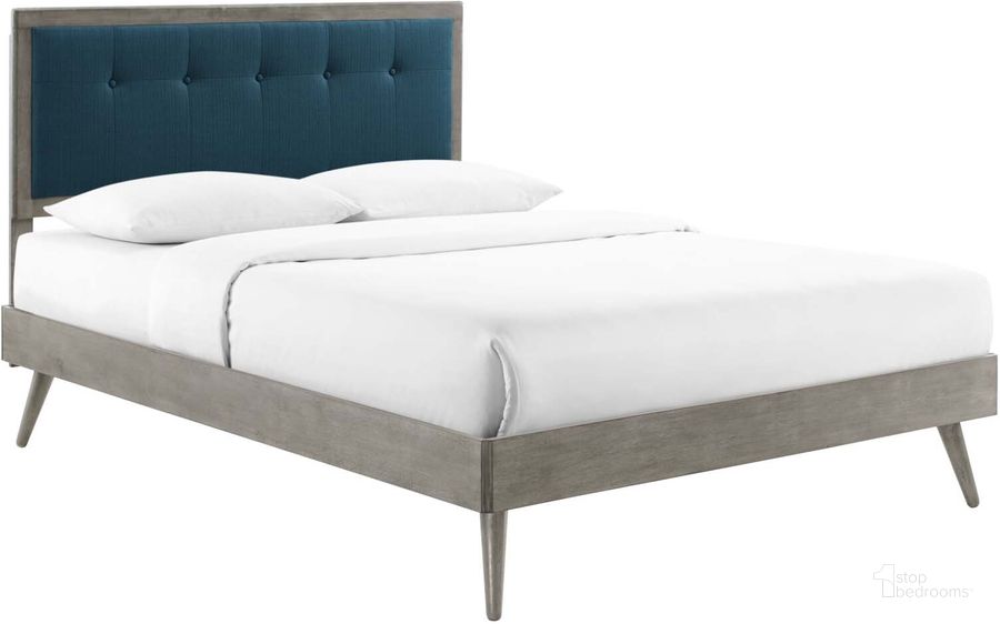 The appearance of Willow Queen Wood Platform Bed With Splayed Legs MOD-6385-GRY-AZU designed by Modway in the modern / contemporary interior design. This gray piece of furniture  was selected by 1StopBedrooms from Willow Collection to add a touch of cosiness and style into your home. Sku: MOD-6385-GRY-AZU. Bed Type: Platform Bed. Material: Wood. Product Type: Platform Bed. Bed Size: Queen. Image1