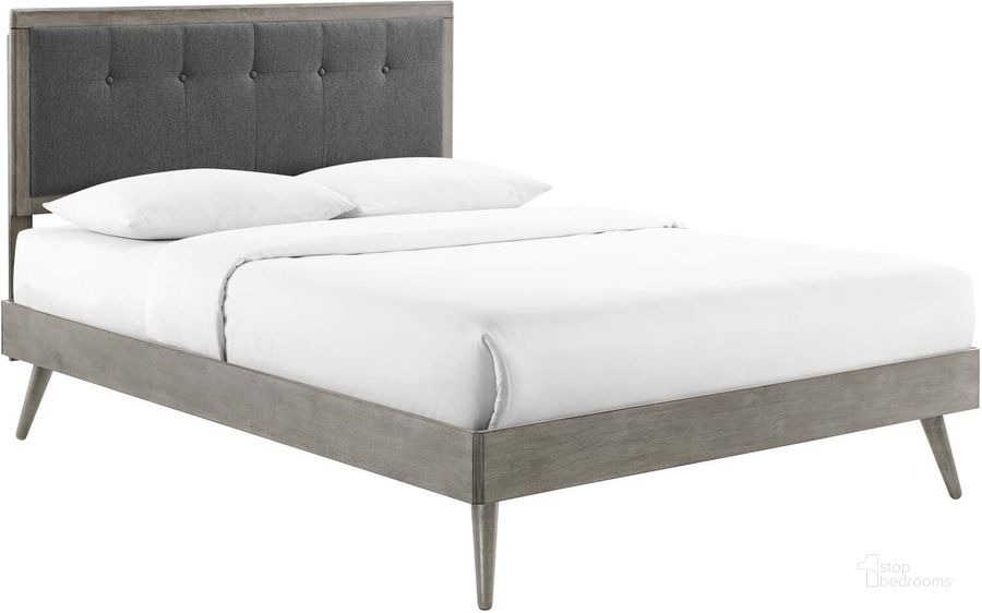 The appearance of Willow Queen Wood Platform Bed With Splayed Legs MOD-6385-GRY-CHA designed by Modway in the modern / contemporary interior design. This gray charcoal piece of furniture  was selected by 1StopBedrooms from Willow Collection to add a touch of cosiness and style into your home. Sku: MOD-6385-GRY-CHA. Bed Type: Platform Bed. Material: Wood. Product Type: Platform Bed. Bed Size: Queen. Image1