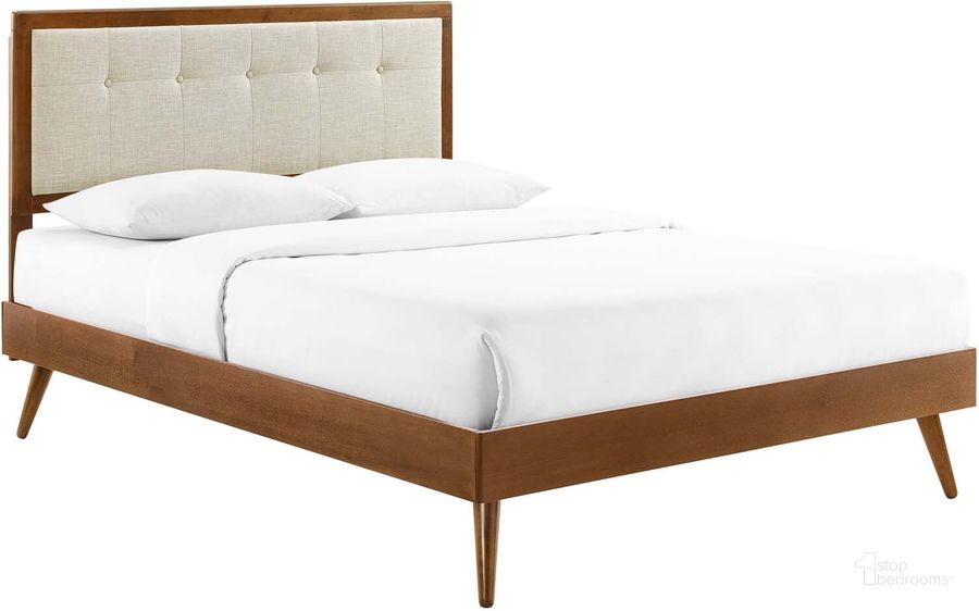 The appearance of Willow Queen Wood Platform Bed With Splayed Legs MOD-6385-WAL-BEI designed by Modway in the modern / contemporary interior design. This walnut beige piece of furniture  was selected by 1StopBedrooms from Willow Collection to add a touch of cosiness and style into your home. Sku: MOD-6385-WAL-BEI. Bed Type: Platform Bed. Material: Wood. Product Type: Platform Bed. Bed Size: Queen. Image1