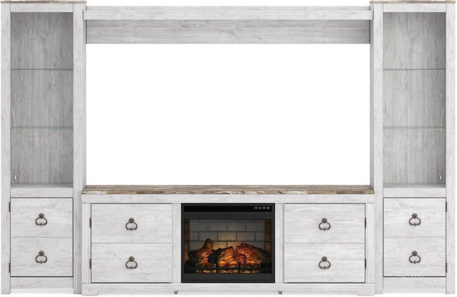 The appearance of Willowton 4-Piece Entertainment Center with Electric Fireplace In White Wash designed by Signature Design by Ashley in the transitional interior design. This white wash piece of furniture  was selected by 1StopBedrooms from Willowton Collection to add a touch of cosiness and style into your home. Sku: W100-101;W267-124;W267-124;W267-127;W267-168. Material: Glass. Product Type: Entertainment Center. Image1