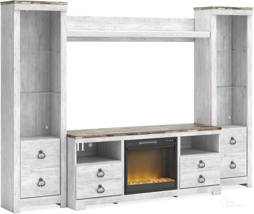 The appearance of Willowton 4-Piece Entertainment Center with Electric Fireplace In White Wash designed by Signature Design by Ashley in the modern / contemporary interior design. This white wash piece of furniture  was selected by 1StopBedrooms from Willowton Collection to add a touch of cosiness and style into your home. Sku: W100-02;W267-24;W267-24;W267-27;W267-68. Material: Glass. Product Type: Entertainment Center. Image1