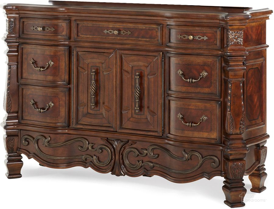 The appearance of Windsor Court Dresser designed by AICO in the traditional interior design. This brown piece of furniture  was selected by 1StopBedrooms from Windsor Court Collection to add a touch of cosiness and style into your home. Sku: 70050SA-54. Material: Wood. Product Type: Dresser. Image1