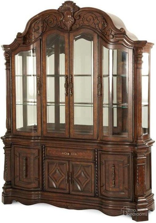 The appearance of Windsor Court Vintage Fruitwood China Cabinet designed by AICO in the traditional interior design. This vintage fruitwood piece of furniture  was selected by 1StopBedrooms from Windsor Court Collection to add a touch of cosiness and style into your home. Sku: 70005-54;70006-54. Material: Wood. Product Type: China Cabinet. Image1