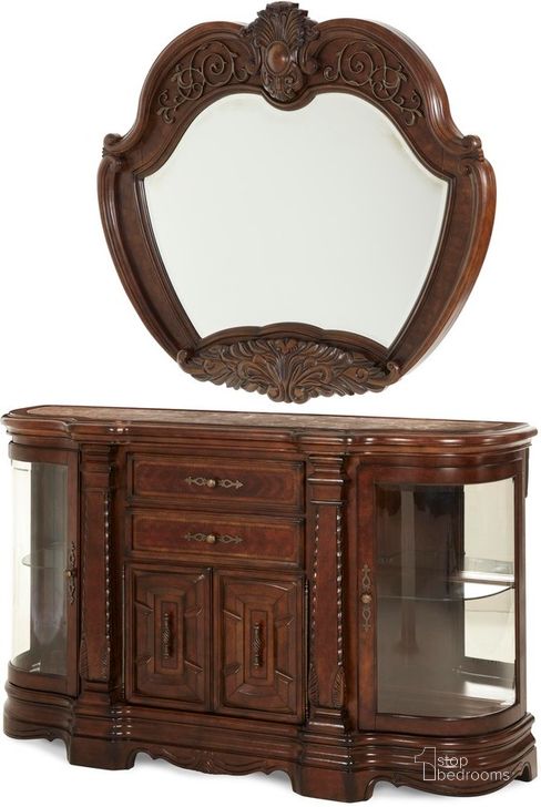 The appearance of Windsor Court Vintage Fruitwood Sideboard and Mirror designed by AICO in the traditional interior design. This vintage fruitwood piece of furniture  was selected by 1StopBedrooms from Windsor Court Collection to add a touch of cosiness and style into your home. Sku: 70007-54;70067-54. Product Type: Sideboard. Material: Poplar. Image1