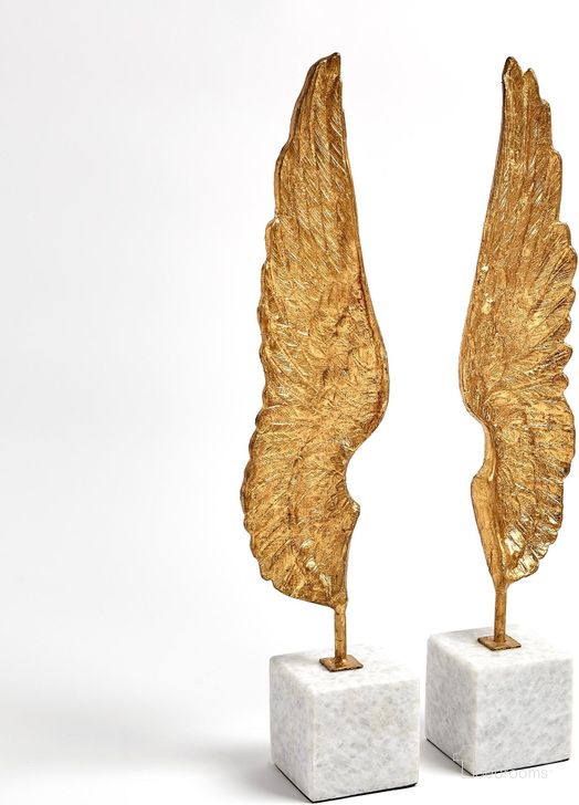 The appearance of Wings Sculpture Set of 2 In Gold Leaf designed by Global Views in the modern / contemporary interior design. This gold piece of furniture  was selected by 1StopBedrooms from Wings Collection to add a touch of cosiness and style into your home. Sku: 8.82601. Product Type: Sculpture. Material: Iron. Image1