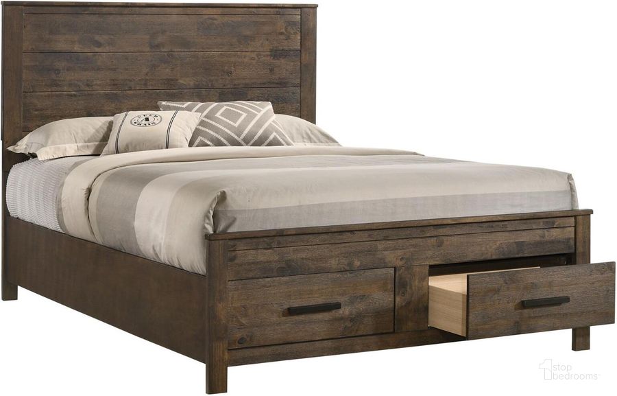 The appearance of Woodmont Rustic Golden Brown King Panel Bed designed by Coaster in the transitional interior design. This brown piece of furniture  was selected by 1StopBedrooms from Woodmont Collection to add a touch of cosiness and style into your home. Sku: 222631KEB1;222631KEB2;222631KEB3. Bed Type: Storage Bed. Material: Wood. Product Type: Storage Bed. Bed Size: King. Image1