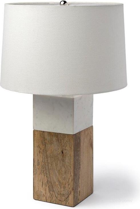 The appearance of Woodrow 22.3 Inch Light Brown Wood With White Accent Table Lamp designed by Mercana in the modern / contemporary interior design. This brown piece of furniture  was selected by 1StopBedrooms from Woodrow Collection to add a touch of cosiness and style into your home. Sku: 68158. Material: Wood. Product Type: Table Lamp. Image1