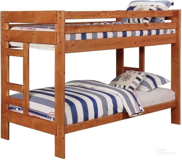 The appearance of Wrangle Hill Amber Wash Twin Over Twin Bunk Bed designed by Coaster in the transitional interior design. This brown piece of furniture  was selected by 1StopBedrooms from Wrangle Hill Collection to add a touch of cosiness and style into your home. Sku: 400800;400800;460243B1;460243B2. Bed Type: Bunk Bed. Material: Wood. Product Type: Bunk Bed. Bed Size: Twin Over Twin. Image1