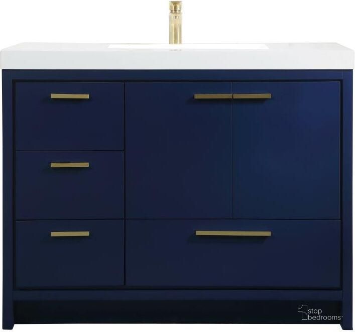 The appearance of Wyatt 42 Inch Single Bathroom Vanity In Blue designed by Elegant Lighting in the transitional interior design. This blue piece of furniture  was selected by 1StopBedrooms from Wyatt Collection to add a touch of cosiness and style into your home. Sku: VF46042MBL. Material: MDF. Product Type: Bathroom Vanity. Image1