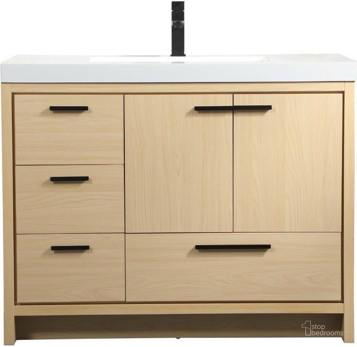 The appearance of Wyatt 42 Inch Single Bathroom Vanity In Maple designed by Elegant Lighting in the transitional interior design. This maple piece of furniture  was selected by 1StopBedrooms from Wyatt Collection to add a touch of cosiness and style into your home. Sku: VF46042MMP. Material: MDF. Product Type: Bathroom Vanity. Image1