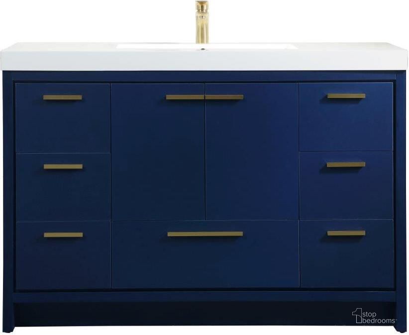 The appearance of Wyatt 48 Inch Single Bathroom Vanity In Blue designed by Elegant Lighting in the transitional interior design. This blue piece of furniture  was selected by 1StopBedrooms from Wyatt Collection to add a touch of cosiness and style into your home. Sku: VF46048MBL. Material: MDF. Product Type: Bathroom Vanity. Image1