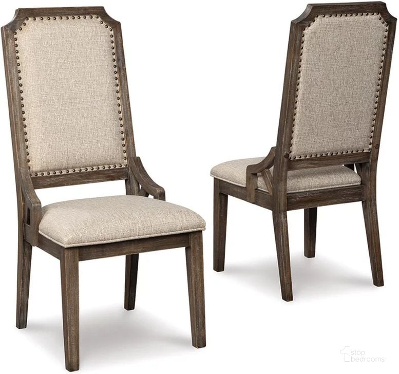 The appearance of Wyndahl Rustic Brown Upholstered Side Chair Set Of 2 designed by Signature Design by Ashley in the transitional interior design. This rustic brown piece of furniture  was selected by 1StopBedrooms from Wyndahl Collection to add a touch of cosiness and style into your home. Sku: D813-02. Material: Fabric. Product Type: Side Chair. Image1