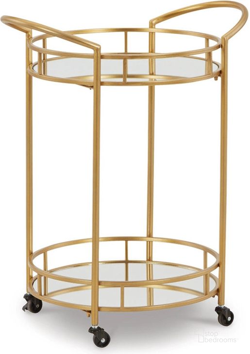 The appearance of Wynora Gold Bar Cart designed by Signature Design by Ashley in the modern / contemporary interior design. This gold piece of furniture  was selected by 1StopBedrooms from Wynora Collection to add a touch of cosiness and style into your home. Sku: A4000099. Material: Metal. Product Type: Bar Cart. Image1