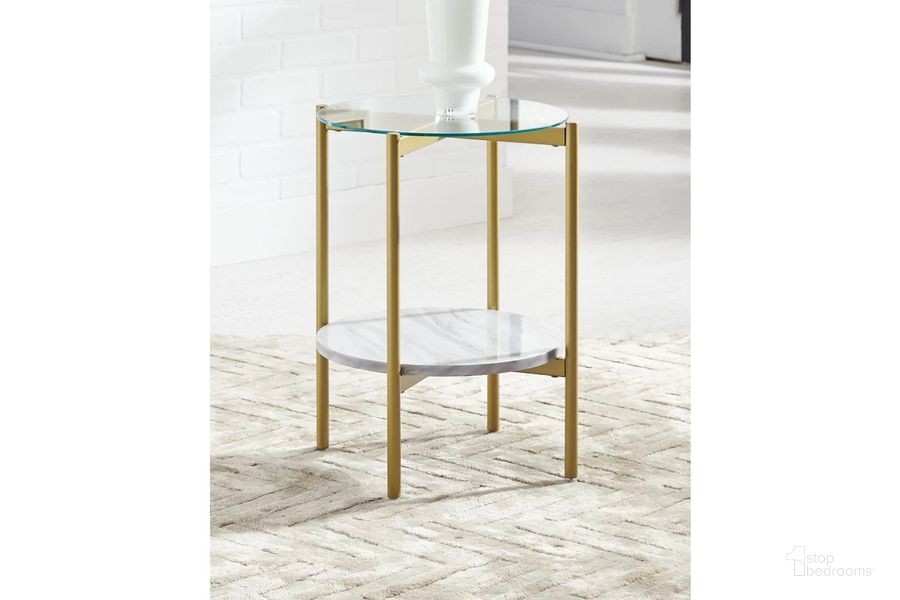 The appearance of Wynora White And Gold End Table designed by Signature Design by Ashley in the transitional interior design. This white/gold piece of furniture  was selected by 1StopBedrooms from Wynora Collection to add a touch of cosiness and style into your home. Sku: T192-6. Material: Glass. Product Type: End Table. Image1