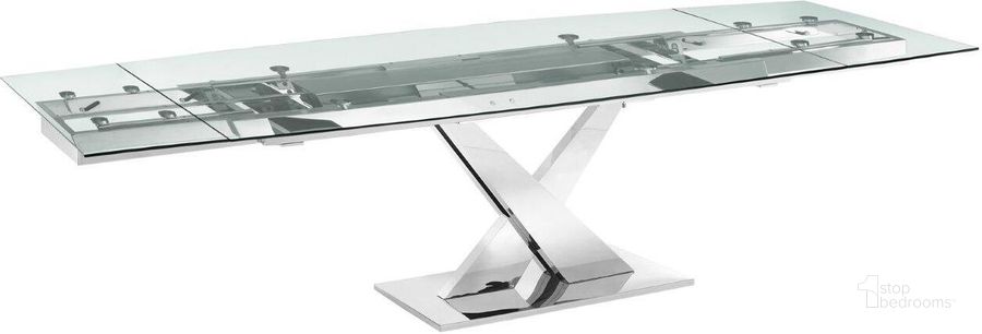 The appearance of X Base Manual Dining Table With Stainless Base and Clear Top designed by Casabianca Home in the modern / contemporary interior design. This clear piece of furniture  was selected by 1StopBedrooms from X Base Collection to add a touch of cosiness and style into your home. Sku: TC-MAN07CLR. Table Base Style: Trestle. Product Type: Dining Table. Table Top Shape: Rectangular. Material: Stainless Steel. Size: 71". Image1