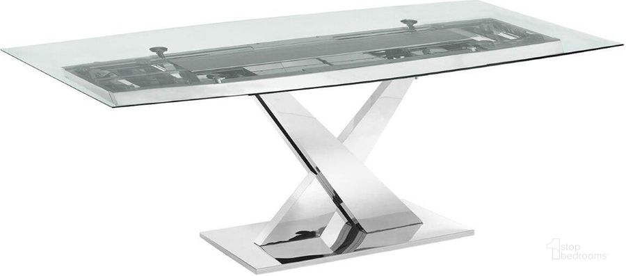 The appearance of X Base Dining Table With Stainless Base and Clear Top designed by Casabianca Home in the modern / contemporary interior design. This clear piece of furniture  was selected by 1StopBedrooms from X Base Collection to add a touch of cosiness and style into your home. Sku: TC-MFIX07CLR. Table Base Style: Trestle. Product Type: Dining Table. Table Top Shape: Rectangular. Material: Stainless Steel. Size: 71.