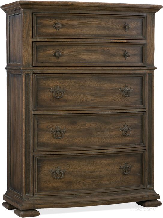 The appearance of Hill Country Gillespie Saddle Brown and Black 5 Drawer Chest designed by Hooker in the traditional interior design. This brown piece of furniture  was selected by 1StopBedrooms from Hill Country Collection to add a touch of cosiness and style into your home. Sku: 5960-90010-MULTI. Material: Wood. Product Type: Chest.