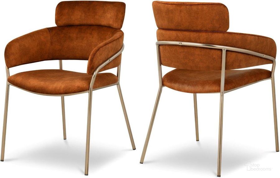 The appearance of Yara Cognac Velvet Dining Chair Set of 2 designed by Meridian in the modern / contemporary interior design. This cognac velvet piece of furniture  was selected by 1StopBedrooms from Yara Collection to add a touch of cosiness and style into your home. Sku: 549Cognac-C. Product Type: Dining Chair. Material: Iron. Image1